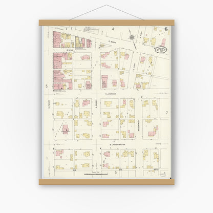 Old map wall art mockup — magnetic wood frame on white wall — Sanborn Fire Insurance Map from Attica, Fountain County, Indiana (1910), Sheet #0006