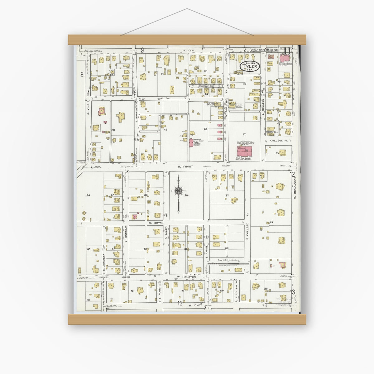 Old map wall art mockup — magnetic wood frame on white wall — Sanborn Fire Insurance Map from Tyler, Smith County, Texas (1919), Sheet #0011