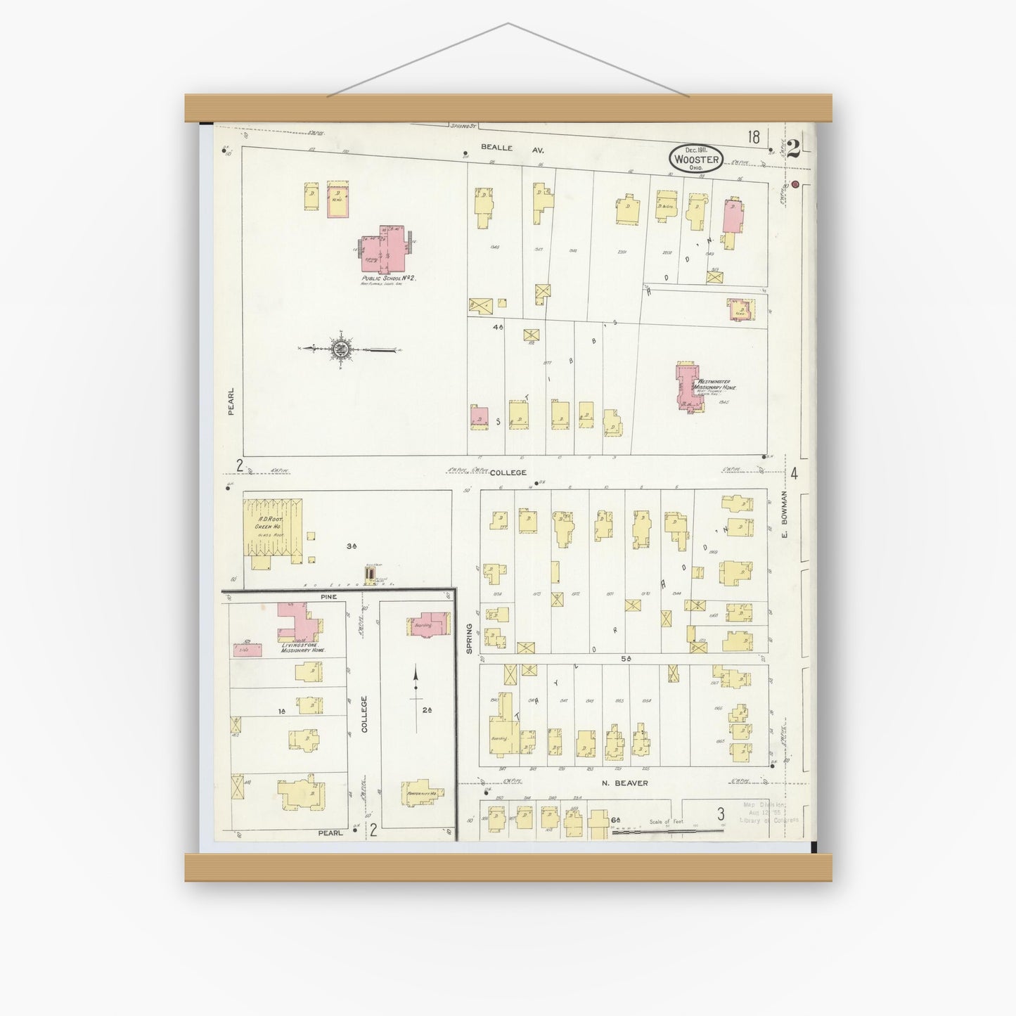 Old map wall art mockup — magnetic wood frame on white wall — Sanborn Fire Insurance Map from Wooster, Wayne County, Ohio (1911), Sheet #0002