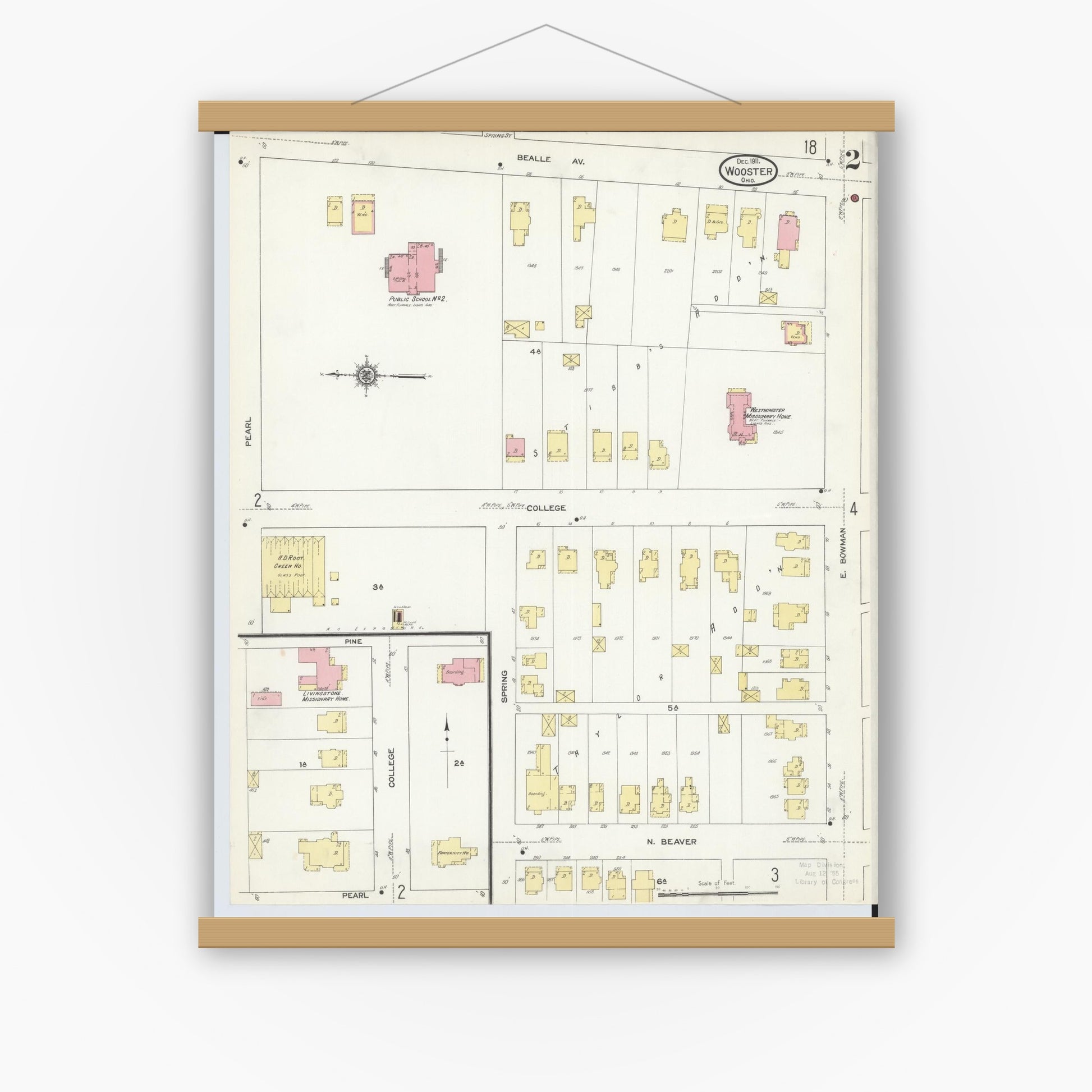 Old map wall art mockup — magnetic wood frame on white wall — Sanborn Fire Insurance Map from Wooster, Wayne County, Ohio (1911), Sheet #0002