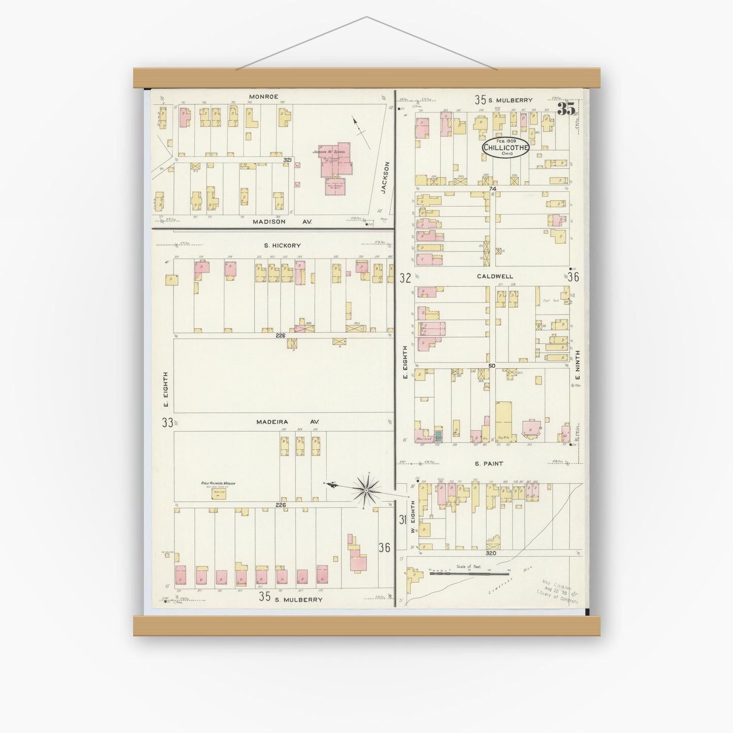 Old map wall art mockup — magnetic wood frame on white wall — Sanborn Fire Insurance Map from Chillicothe, Ross County, Ohio (1909), Sheet #0035