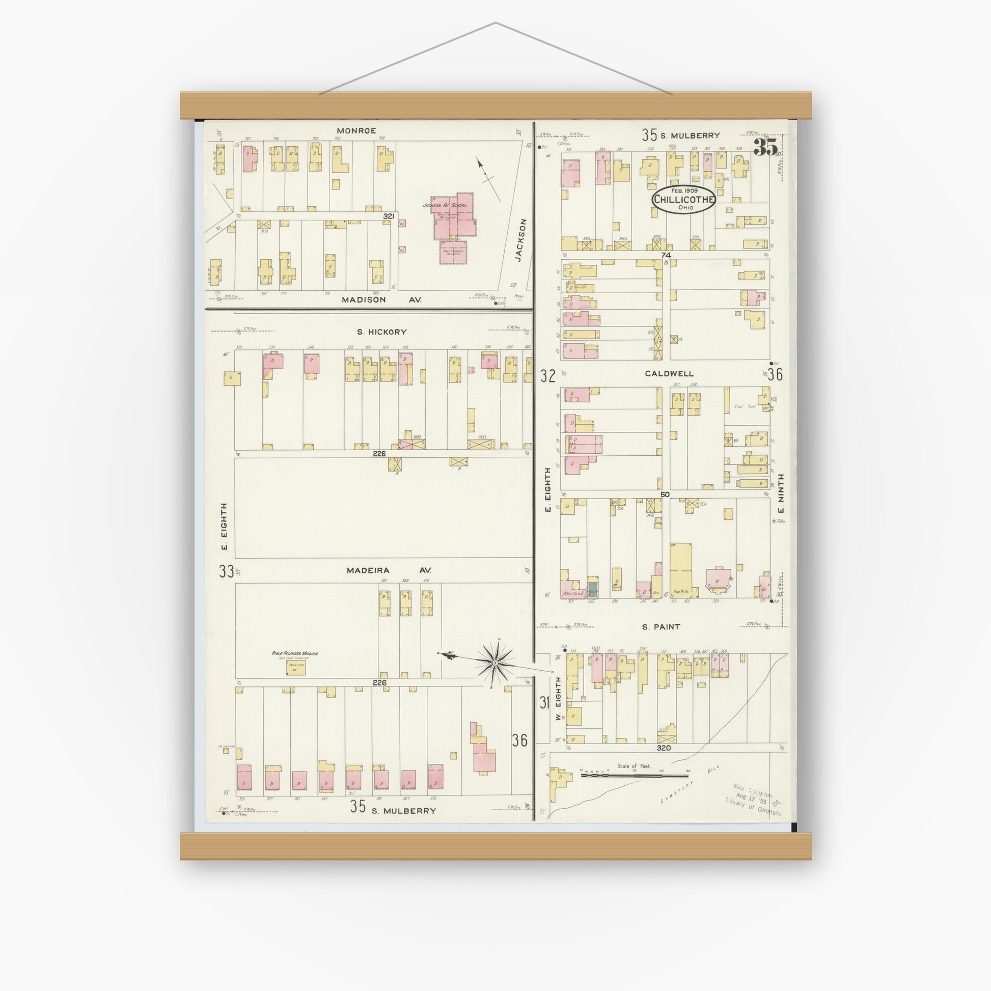 Old map wall art mockup — magnetic wood frame on white wall — Sanborn Fire Insurance Map from Chillicothe, Ross County, Ohio (1909), Sheet #0035