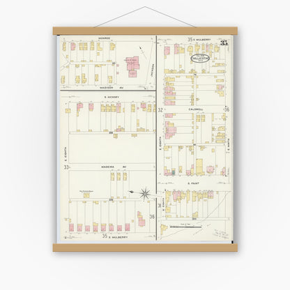 Old map wall art mockup — magnetic wood frame on white wall — Sanborn Fire Insurance Map from Chillicothe, Ross County, Ohio (1909), Sheet #0035