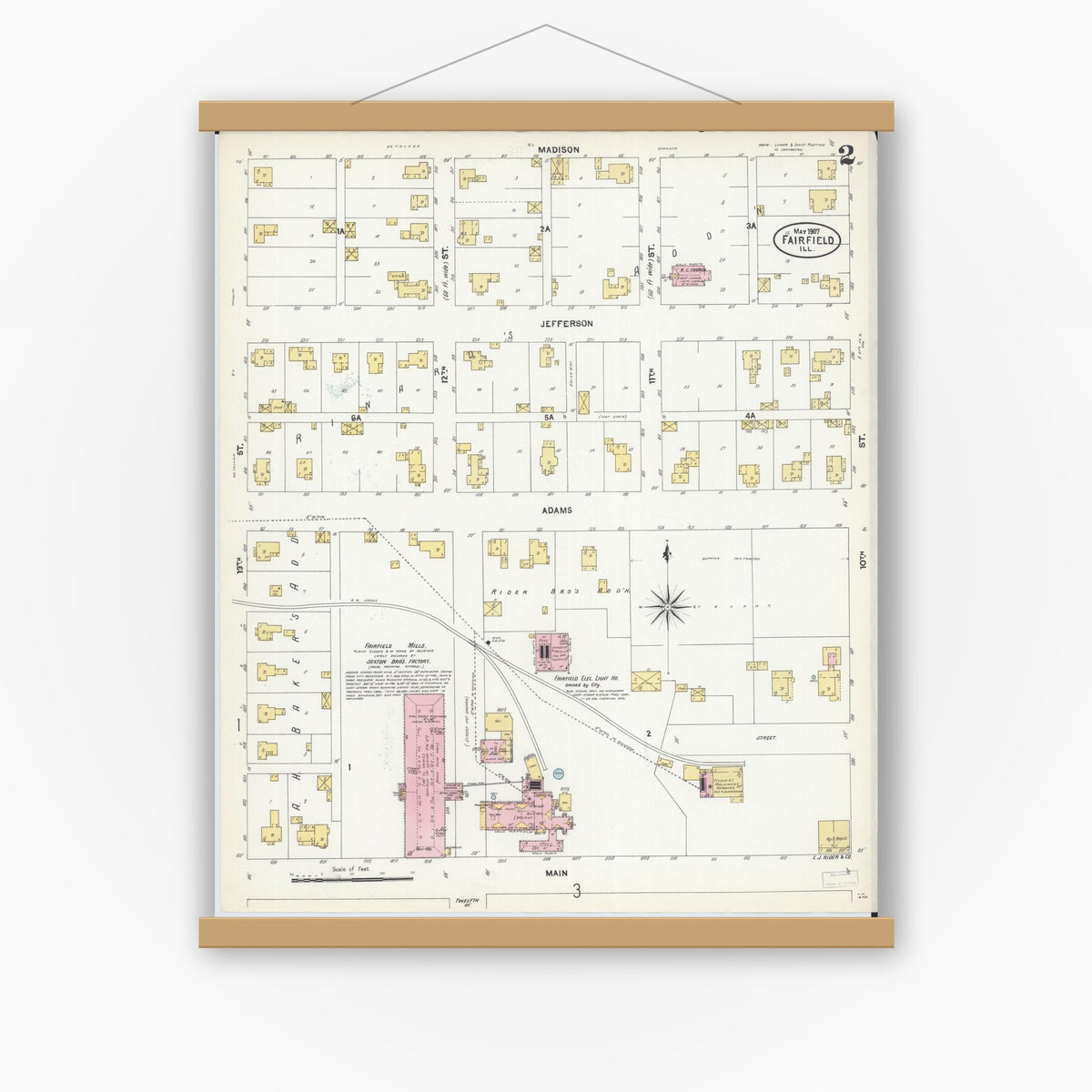 Old map wall art mockup — magnetic wood frame on white wall — Sanborn Fire Insurance Map from Fairfield, Wayne County, Illinois (1907), Sheet #0002