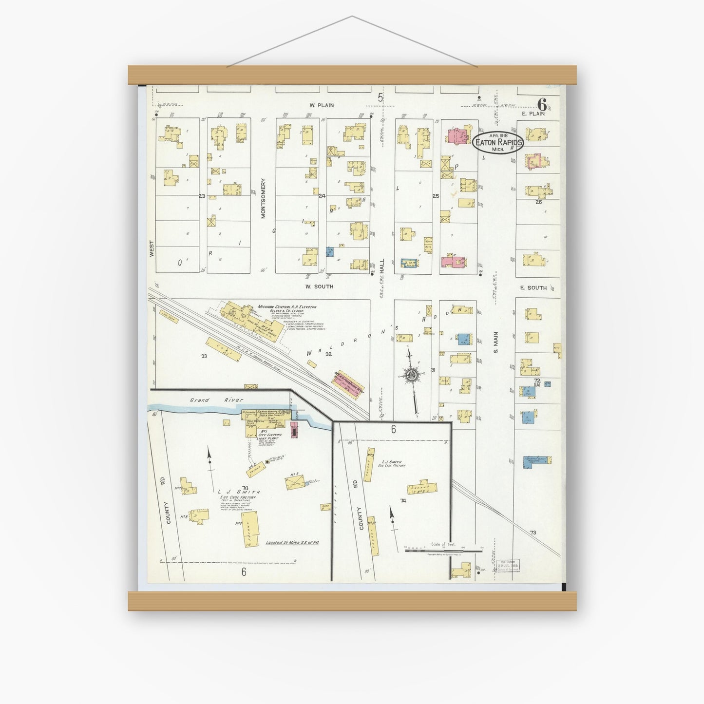 Old map wall art mockup — magnetic wood frame on white wall — Sanborn Fire Insurance Map from Eaton Rapids, Eaton County, Michigan (1918), Sheet #0006