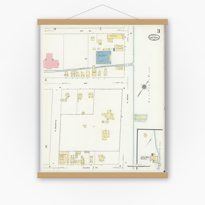 Old map wall art mockup — magnetic wood frame on white wall — Sanborn Fire Insurance Map from Daytona, Volusia County, Florida (1912), Sheet #0003