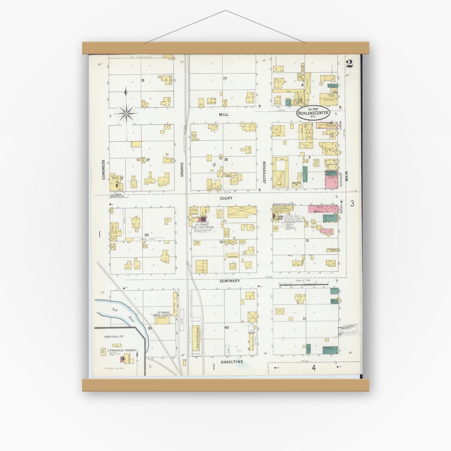 Old map wall art mockup — magnetic wood frame on white wall — Sanborn Fire Insurance Map from Richland Center, Richland County, Wisconsin (1899), Sheet #0002
