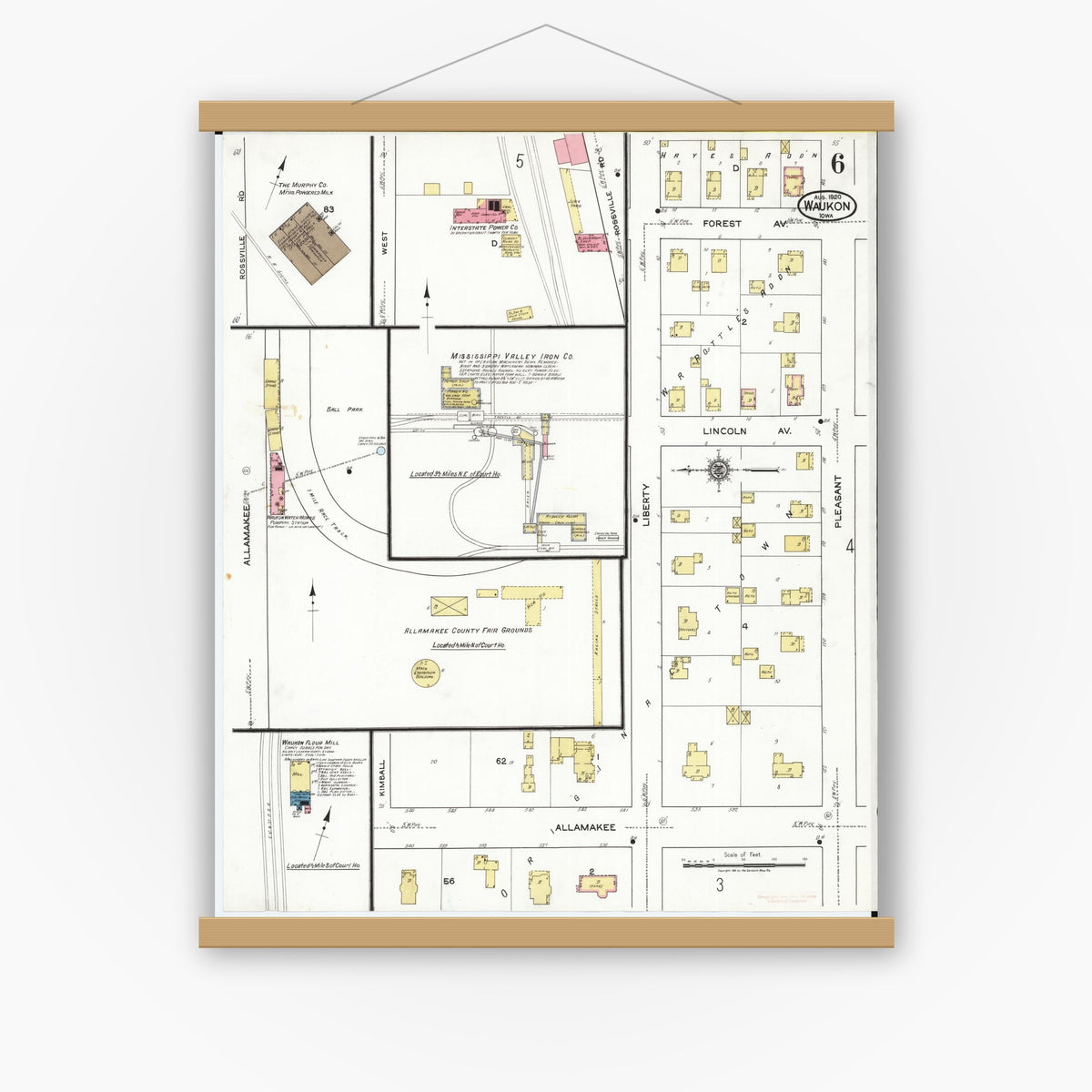Old map wall art mockup — magnetic wood frame on white wall — Sanborn Fire Insurance Map from Waukon, Allamakee County, Iowa (1920), Sheet #0006
