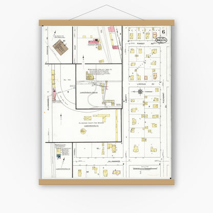 Old map wall art mockup — magnetic wood frame on white wall — Sanborn Fire Insurance Map from Waukon, Allamakee County, Iowa (1920), Sheet #0006