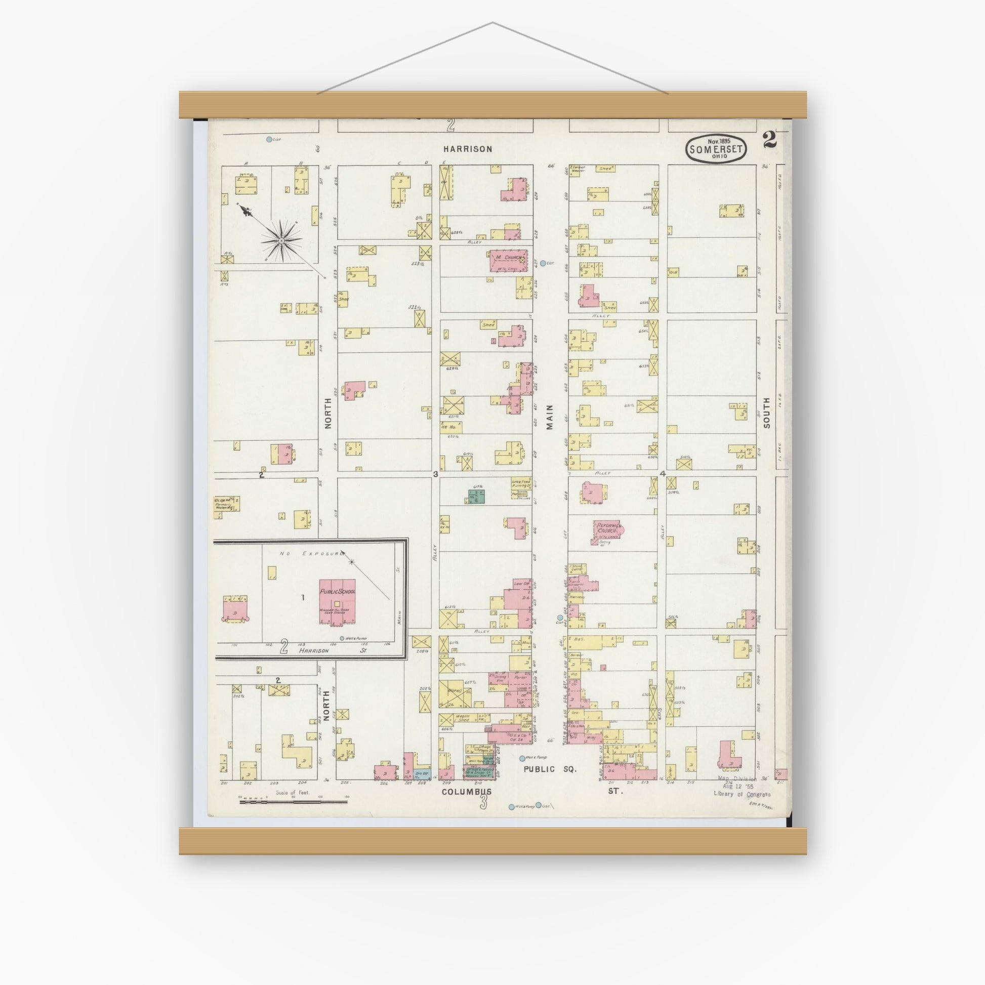 Old map wall art mockup — magnetic wood frame on white wall — Sanborn Fire Insurance Map from Somerset, Perry County, Ohio (1895), Sheet #0002