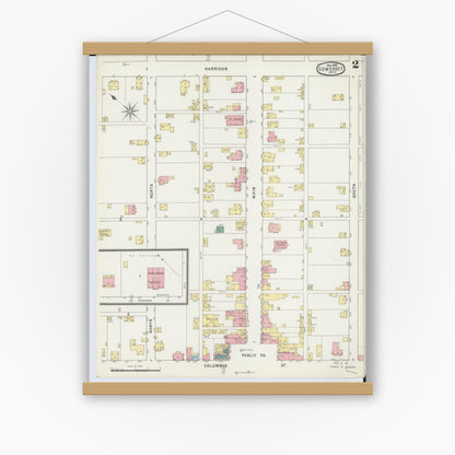 Old map wall art mockup — magnetic wood frame on white wall — Sanborn Fire Insurance Map from Somerset, Perry County, Ohio (1895), Sheet #0002