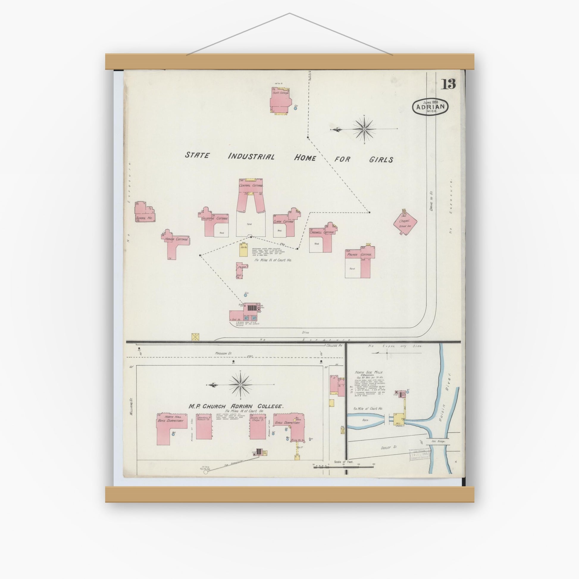 Old map wall art mockup — magnetic wood frame on white wall — Sanborn Fire Insurance Map from Adrian, Lenawee County, Michigan (1893), Sheet #0013