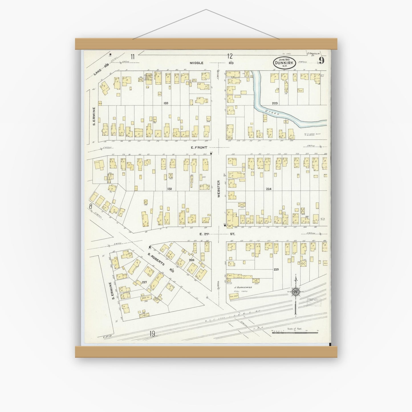 Old map wall art mockup — magnetic wood frame on white wall — Sanborn Fire Insurance Map from Dunkirk, Chautauqua County, New York (1910), Sheet #0009