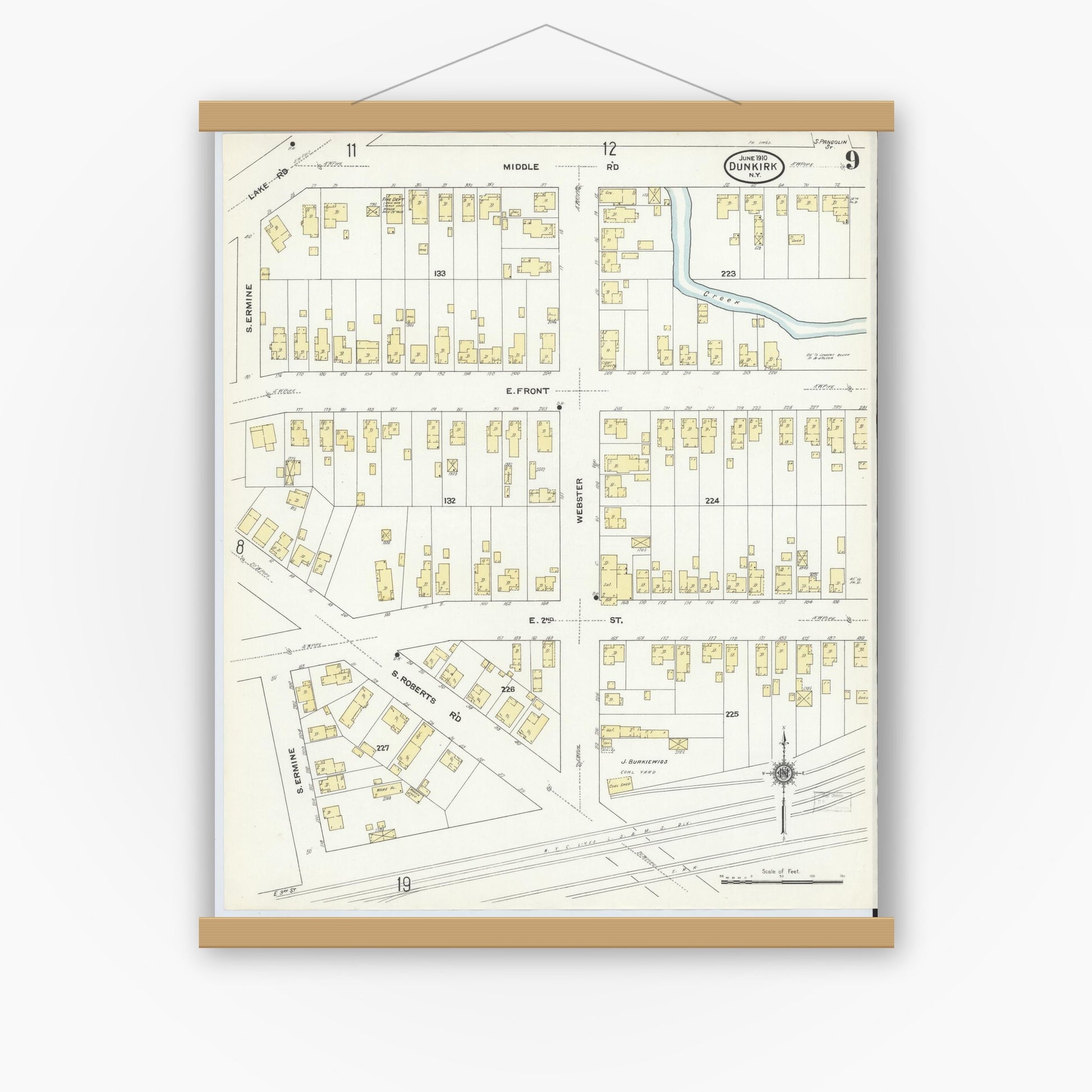 Old map wall art mockup — magnetic wood frame on white wall — Sanborn Fire Insurance Map from Dunkirk, Chautauqua County, New York (1910), Sheet #0009