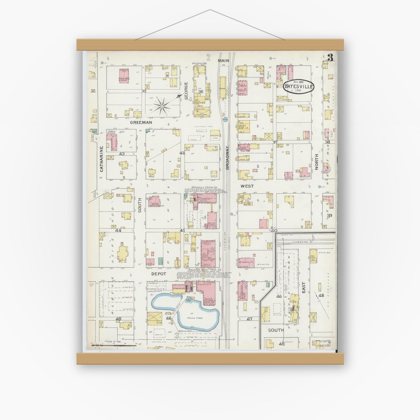 Old map wall art mockup — magnetic wood frame on white wall — Sanborn Fire Insurance Map from Batesville, Ripley County, Indiana (1892), Sheet #0003