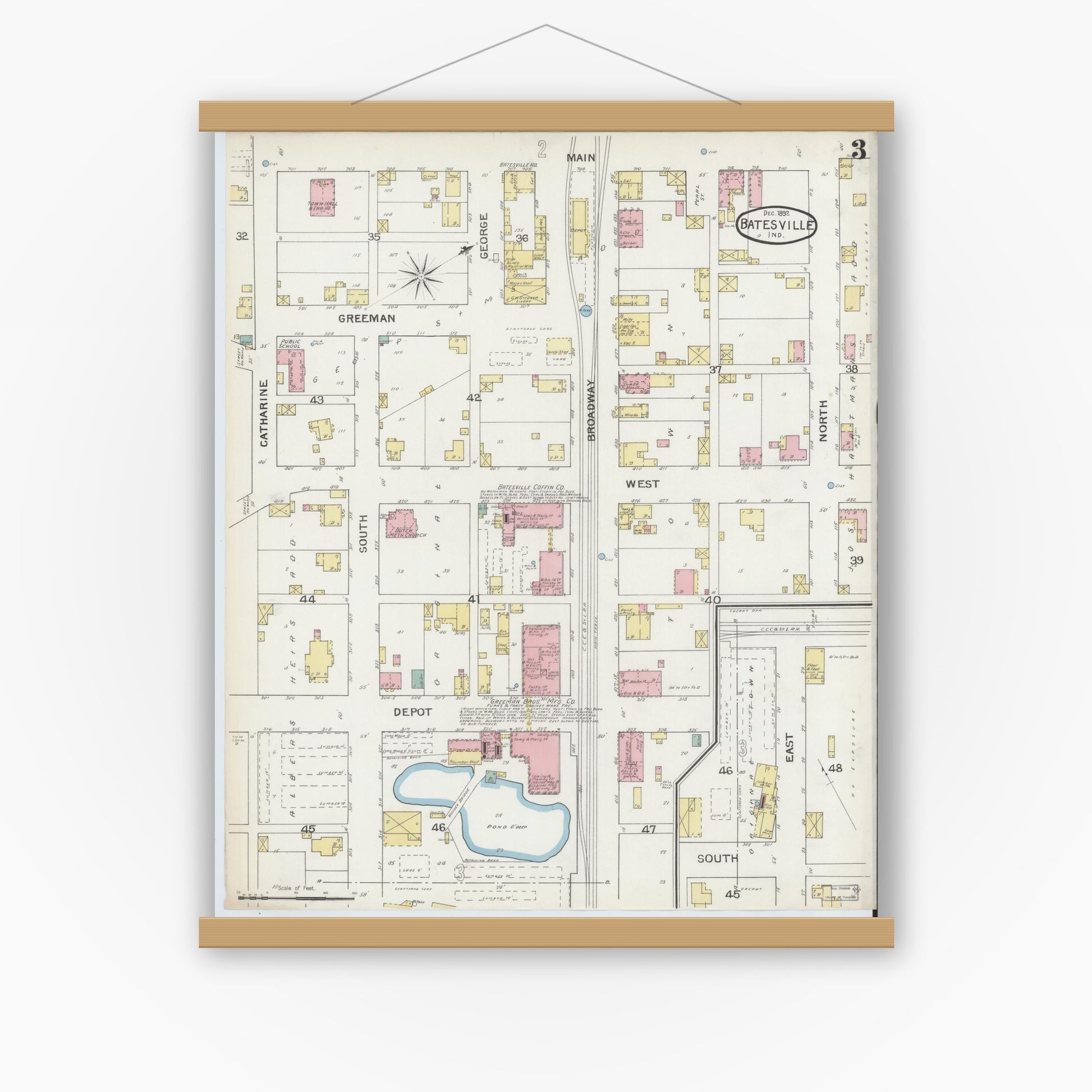 Old map wall art mockup — magnetic wood frame on white wall — Sanborn Fire Insurance Map from Batesville, Ripley County, Indiana (1892), Sheet #0003