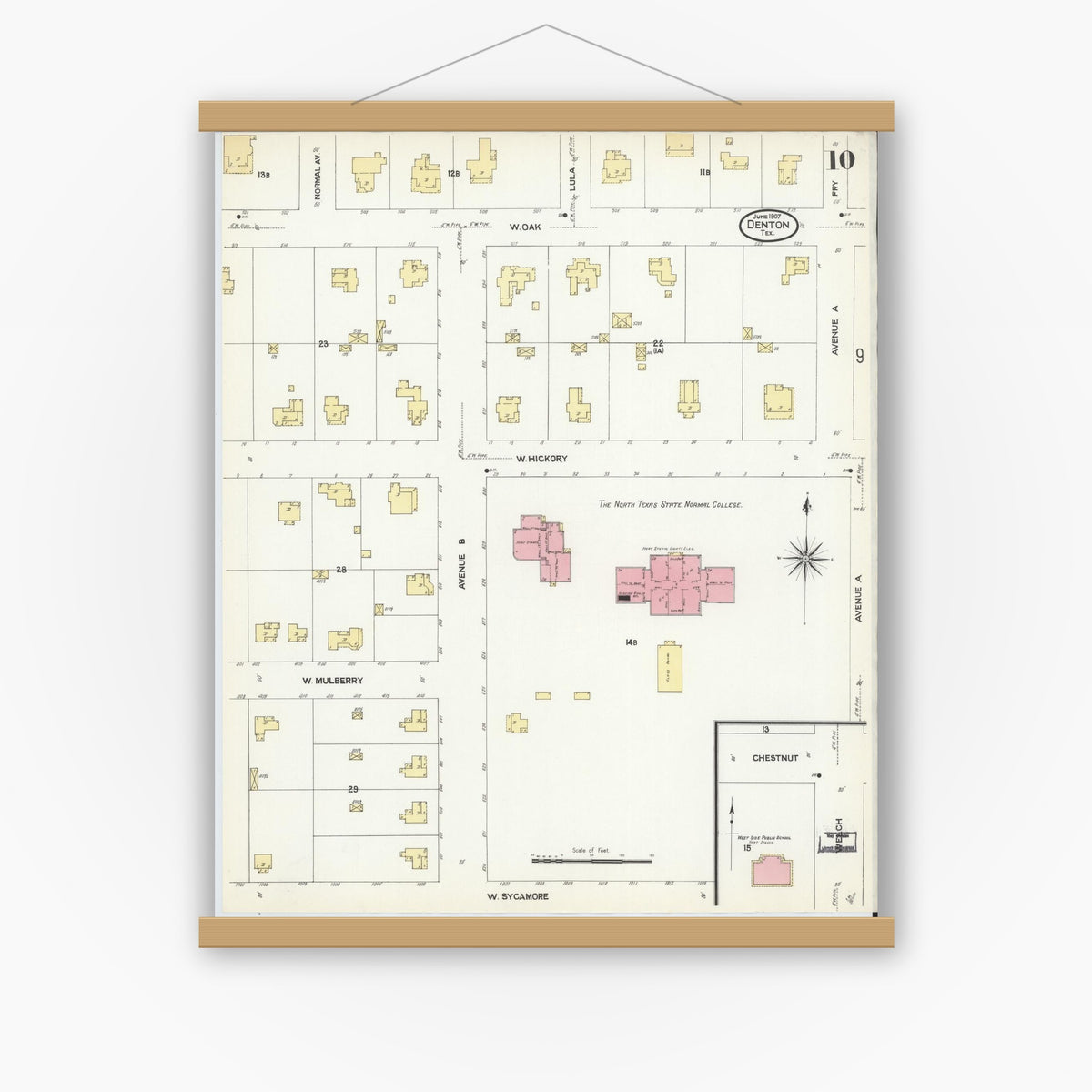 Old map wall art mockup — magnetic wood frame on white wall — Sanborn Fire Insurance Map from Denton, Denton County, Texas (1907), Sheet #0010