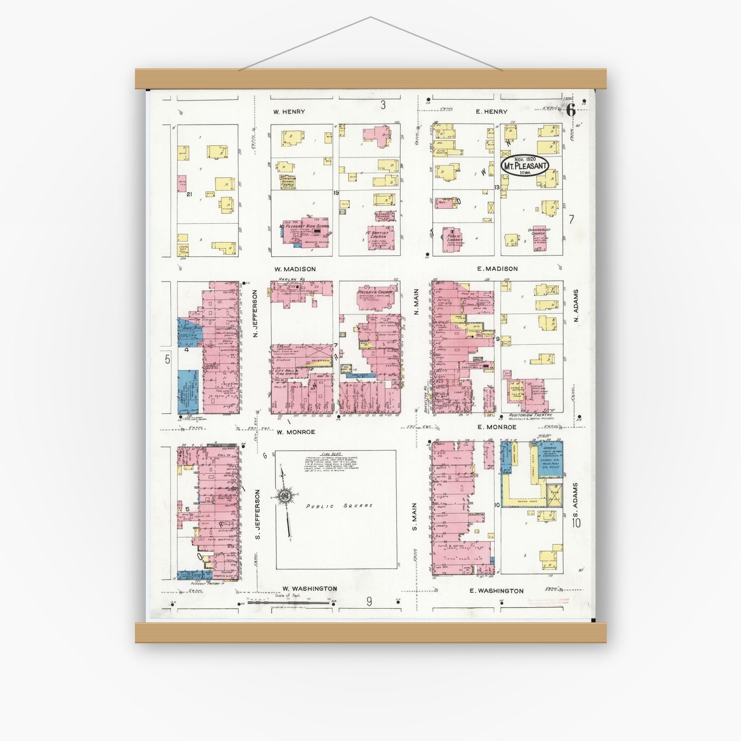 Old map wall art mockup — magnetic wood frame on white wall — Sanborn Fire Insurance Map from Mount Pleasant, Henry County, Iowa (1920), Sheet #0006