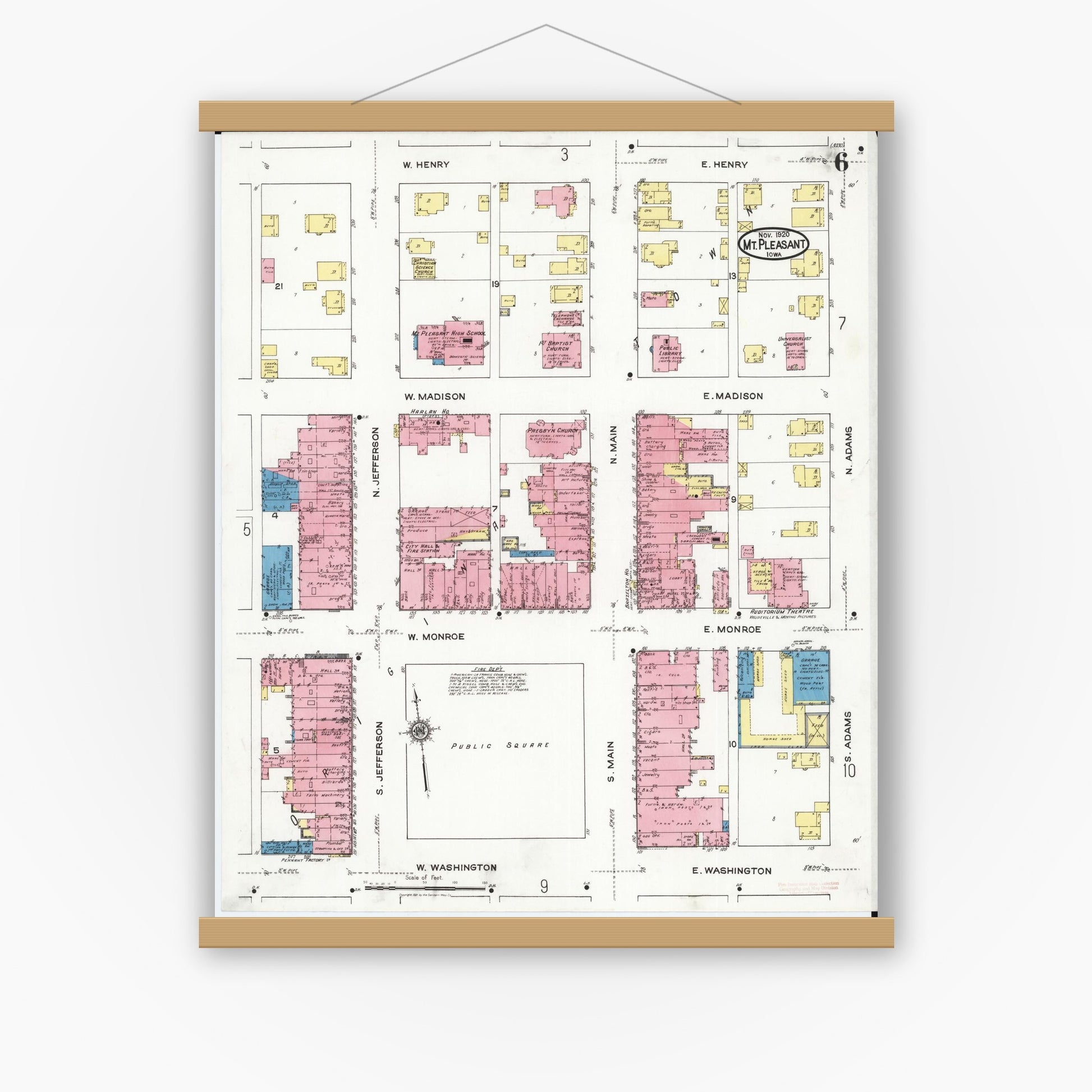 Old map wall art mockup — magnetic wood frame on white wall — Sanborn Fire Insurance Map from Mount Pleasant, Henry County, Iowa (1920), Sheet #0006