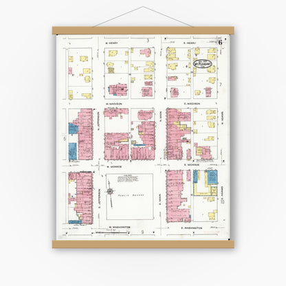 Old map wall art mockup — magnetic wood frame on white wall — Sanborn Fire Insurance Map from Mount Pleasant, Henry County, Iowa (1920), Sheet #0006