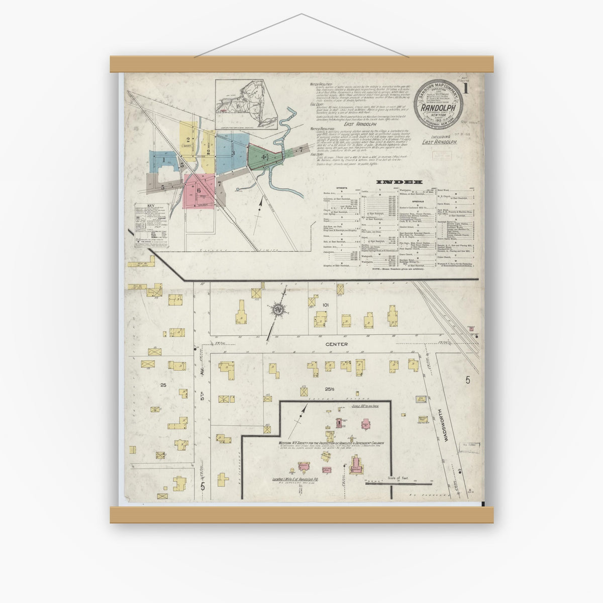 Old map wall art mockup — magnetic wood frame on white wall — Sanborn Fire Insurance Map from Randolph, Cattaraugus County, New York (1913) - Complete Map Set