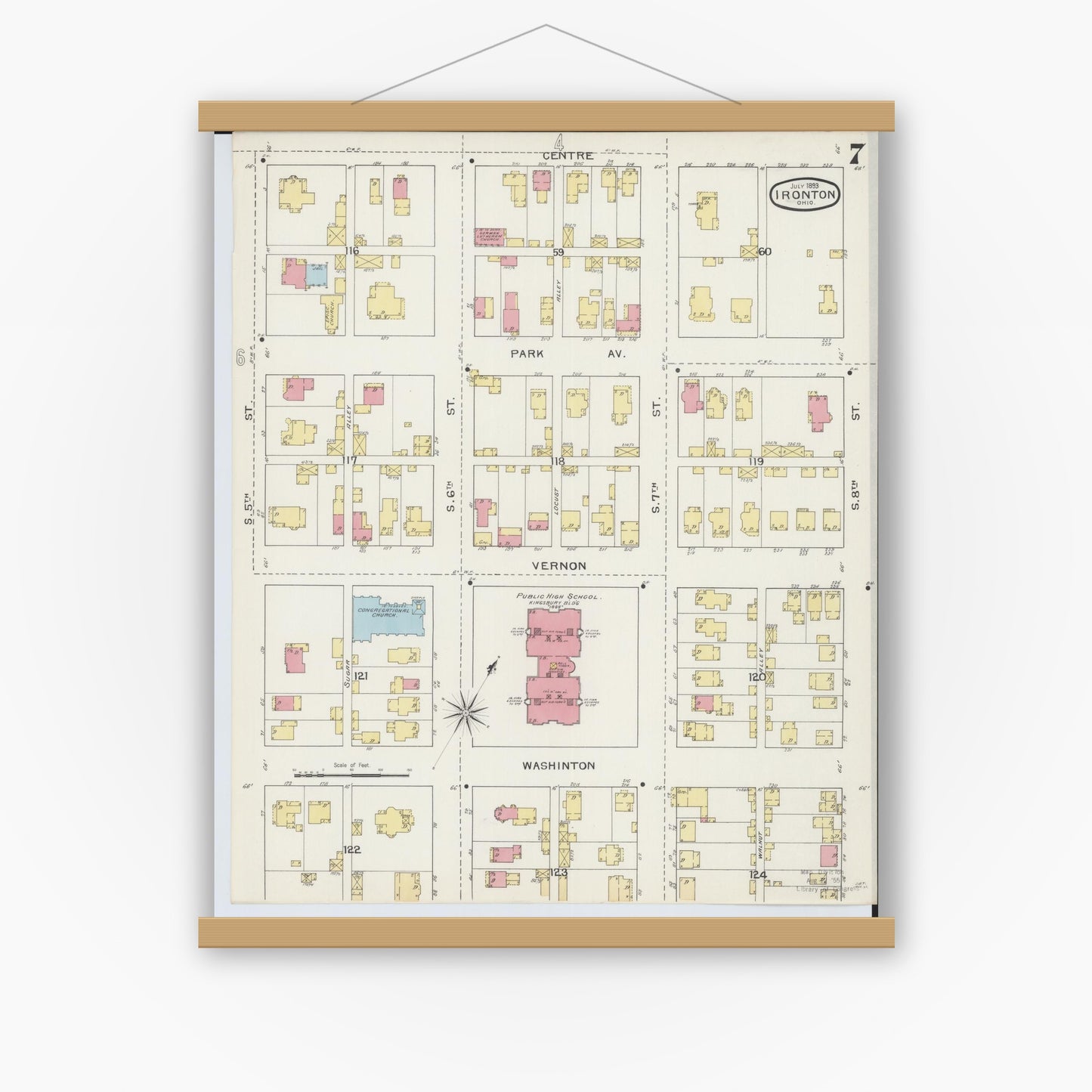 Old map wall art mockup — magnetic wood frame on white wall — Sanborn Fire Insurance Map from Ironton, Lawrence County, Ohio (1893), Sheet #0007
