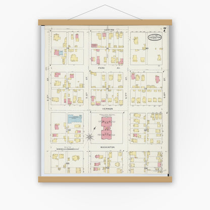 Old map wall art mockup — magnetic wood frame on white wall — Sanborn Fire Insurance Map from Ironton, Lawrence County, Ohio (1893), Sheet #0007