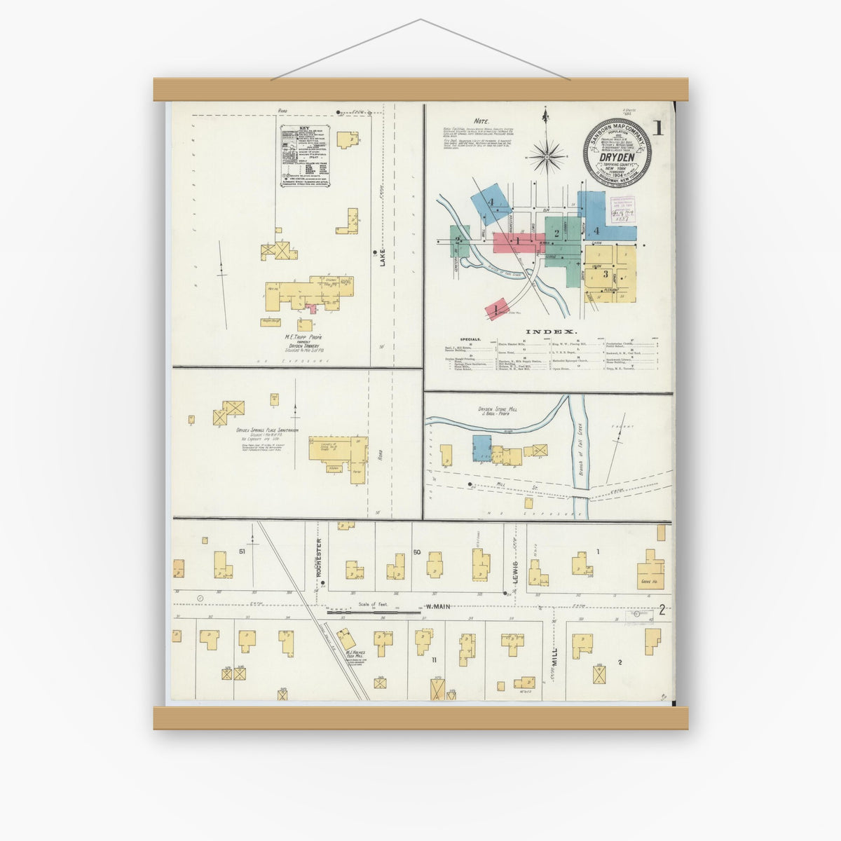 Old map wall art mockup — magnetic wood frame on white wall — Sanborn Fire Insurance Map from Dryden, Tompkins County, New York (1904) - Complete Map Set