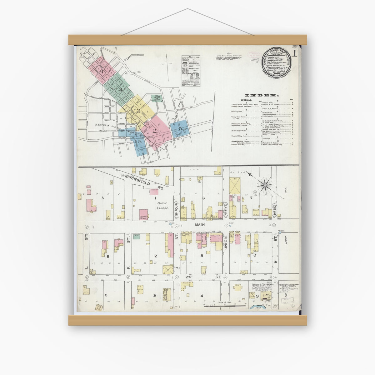 Old map wall art mockup — magnetic wood frame on white wall — Sanborn Fire Insurance Map from Edwardsville, Madison County, Illinois (1892), Sheet #0001