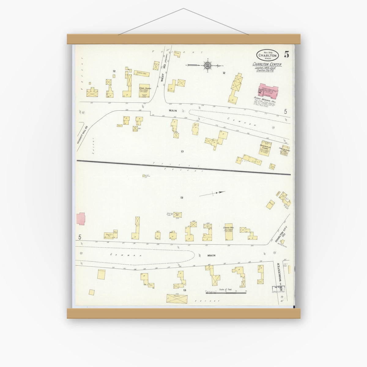 Old map wall art mockup — magnetic wood frame on white wall — Sanborn Fire Insurance Map from Charlton, Worcester County, Massachusetts (1910), Sheet #0005