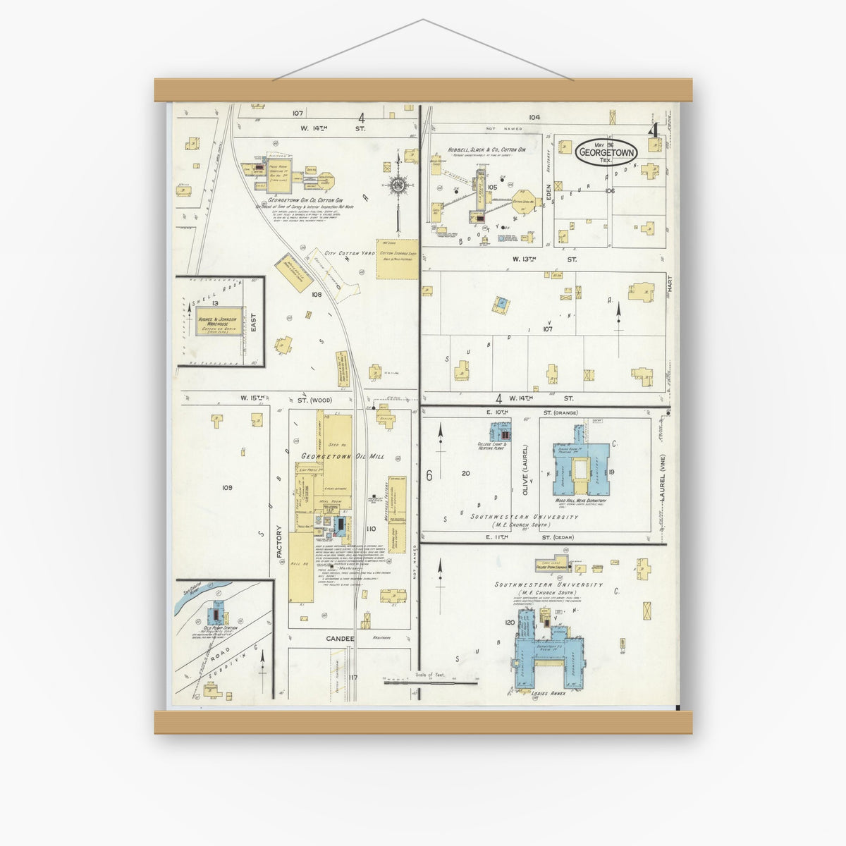 Old map wall art mockup — magnetic wood frame on white wall — Sanborn Fire Insurance Map from Georgetown, Williamson County, Texas (1916), Sheet #0004