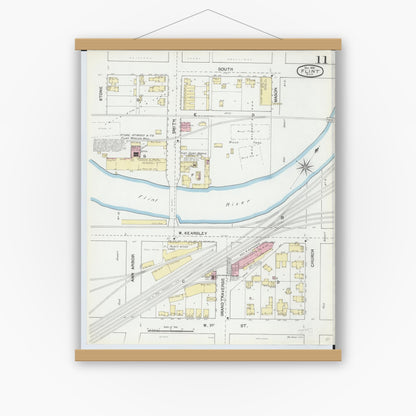Old map wall art mockup — magnetic wood frame on white wall — Sanborn Fire Insurance Map from Flint, Genesee County, Michigan (1892), Sheet #0011
