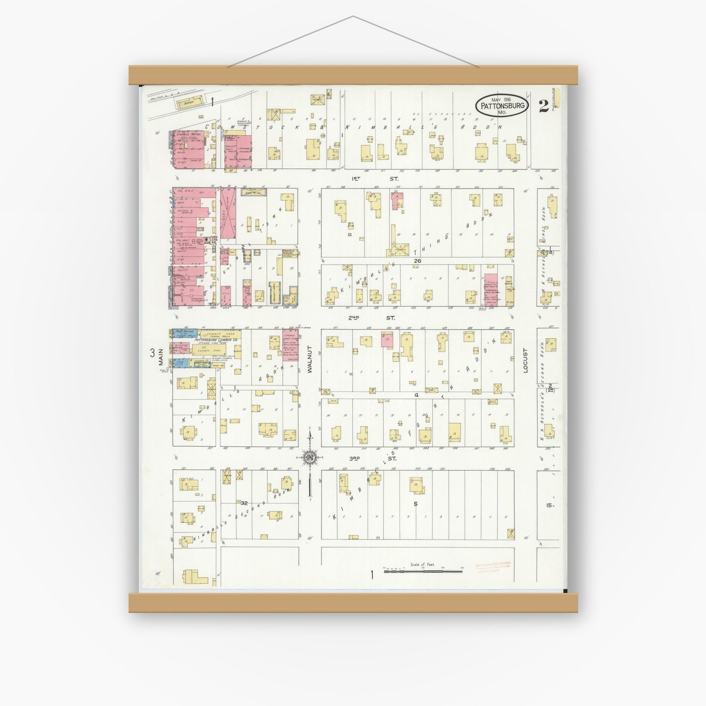 Old map wall art mockup — magnetic wood frame on white wall — Sanborn Fire Insurance Map from Pattonsburg, Daviess County, Missouri (1916), Sheet #0002