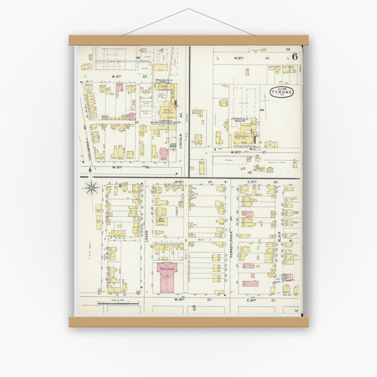 Old map wall art mockup — magnetic wood frame on white wall — Sanborn Fire Insurance Map from Tyrone, Blair County, Pennsylvania (1896), Sheet #0006