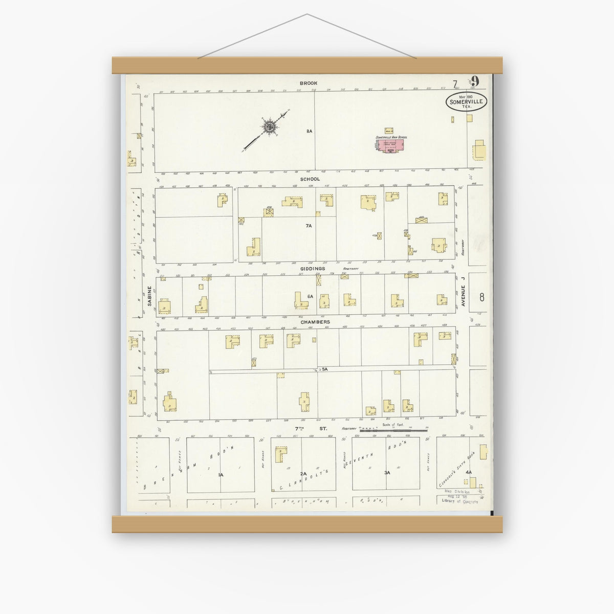Old map wall art mockup — magnetic wood frame on white wall — Sanborn Fire Insurance Map from Somerville, Burleson County, Texas (1910), Sheet #0009