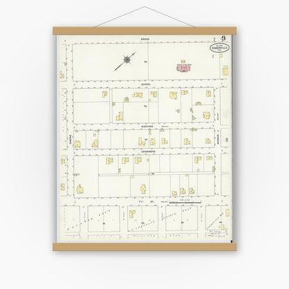 Old map wall art mockup — magnetic wood frame on white wall — Sanborn Fire Insurance Map from Somerville, Burleson County, Texas (1910), Sheet #0009
