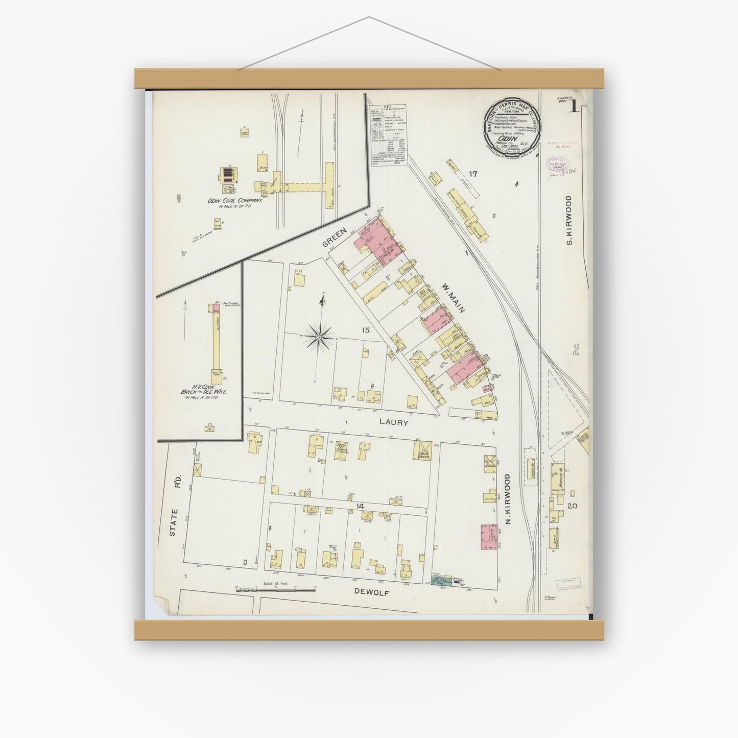 Old map wall art mockup — magnetic wood frame on white wall — Sanborn Fire Insurance Map from Odin, Marion County, Illinois (1893) - Complete Map Set
