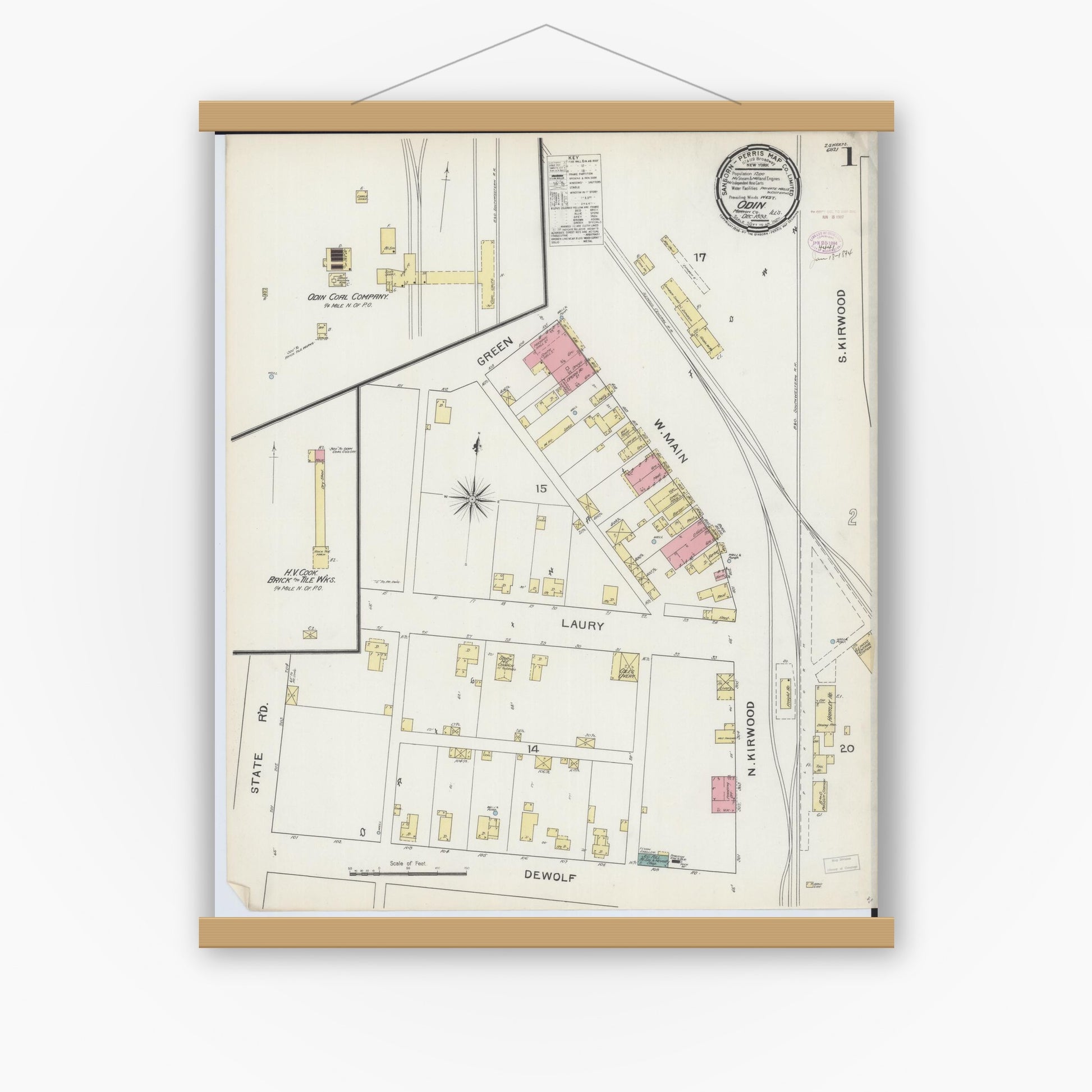 Old map wall art mockup — magnetic wood frame on white wall — Sanborn Fire Insurance Map from Odin, Marion County, Illinois (1893) - Complete Map Set