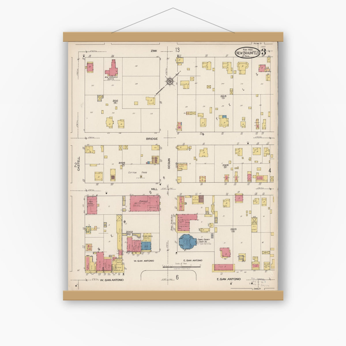Old map wall art mockup — magnetic wood frame on white wall — Sanborn Fire Insurance Map from New Braunfels, Comal County, Texas (1922), Sheet #0003