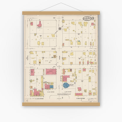 Old map wall art mockup — magnetic wood frame on white wall — Sanborn Fire Insurance Map from New Braunfels, Comal County, Texas (1922), Sheet #0003