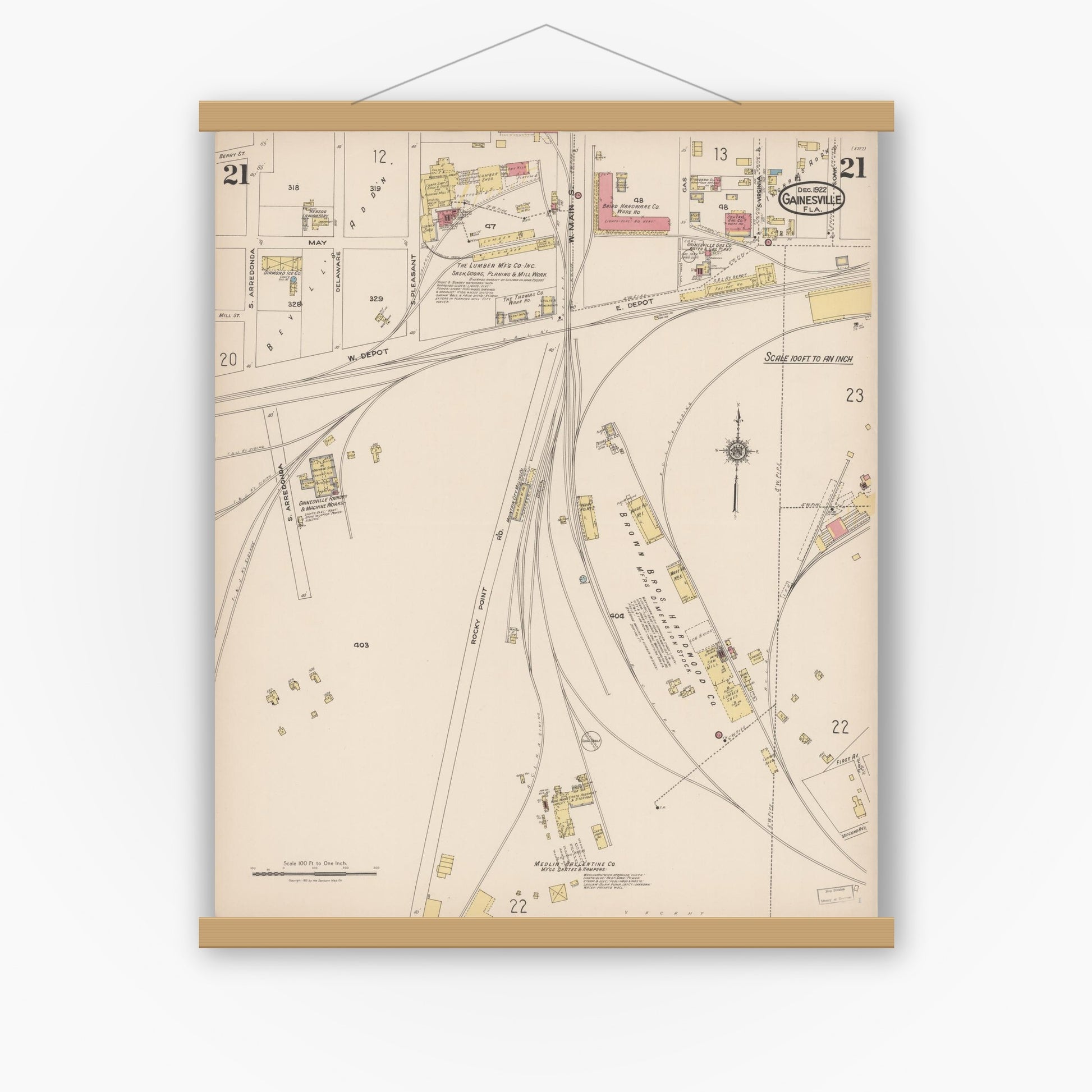 Old map wall art mockup — magnetic wood frame on white wall — Sanborn Fire Insurance Map from Gainesville, Alachua County, Florida (1922), Sheet #0021