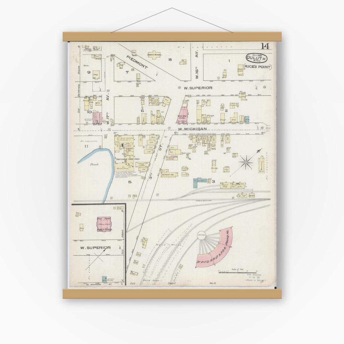 Old map wall art mockup — magnetic wood frame on white wall — Sanborn Fire Insurance Map from Duluth, Saint Louis County, Minnesota (1885), Sheet #0014