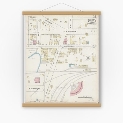 Old map wall art mockup — magnetic wood frame on white wall — Sanborn Fire Insurance Map from Duluth, Saint Louis County, Minnesota (1885), Sheet #0014