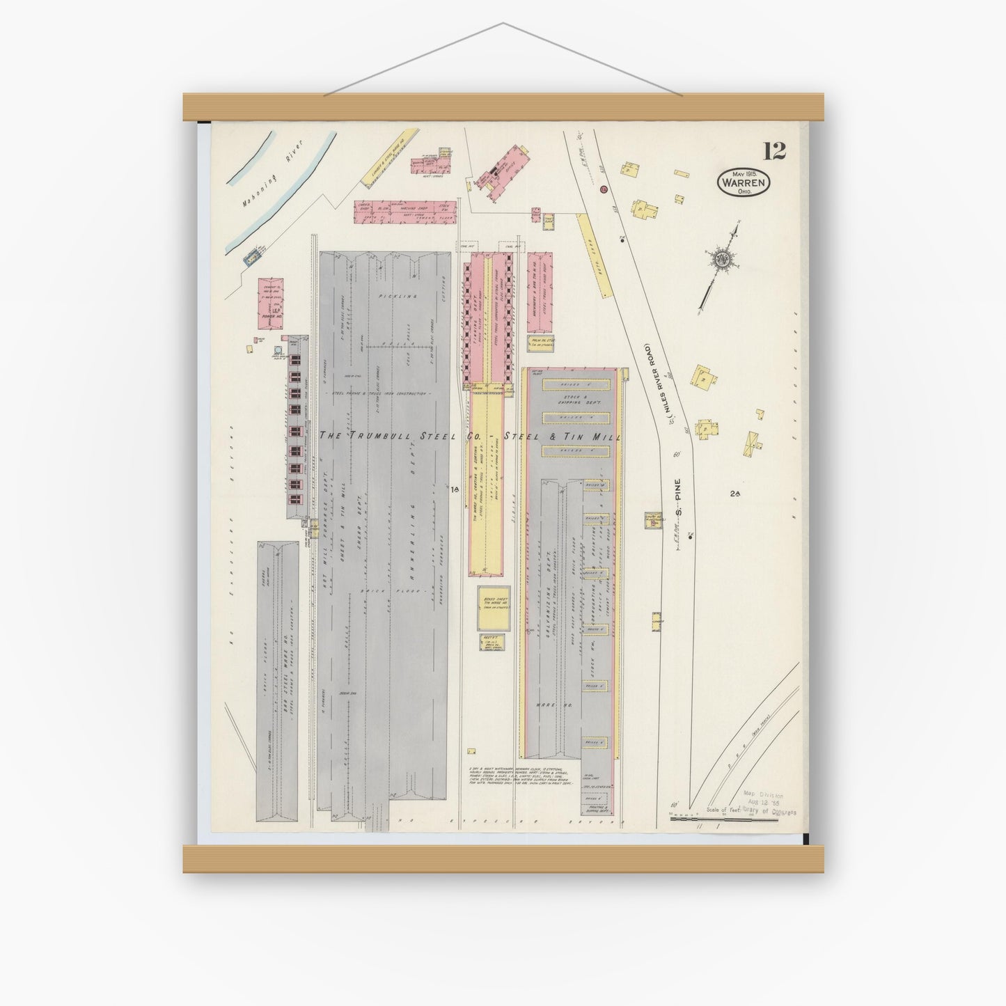 Old map wall art mockup — magnetic wood frame on white wall — Sanborn Fire Insurance Map from Warren, Trumbull County, Ohio (1915), Sheet #0012