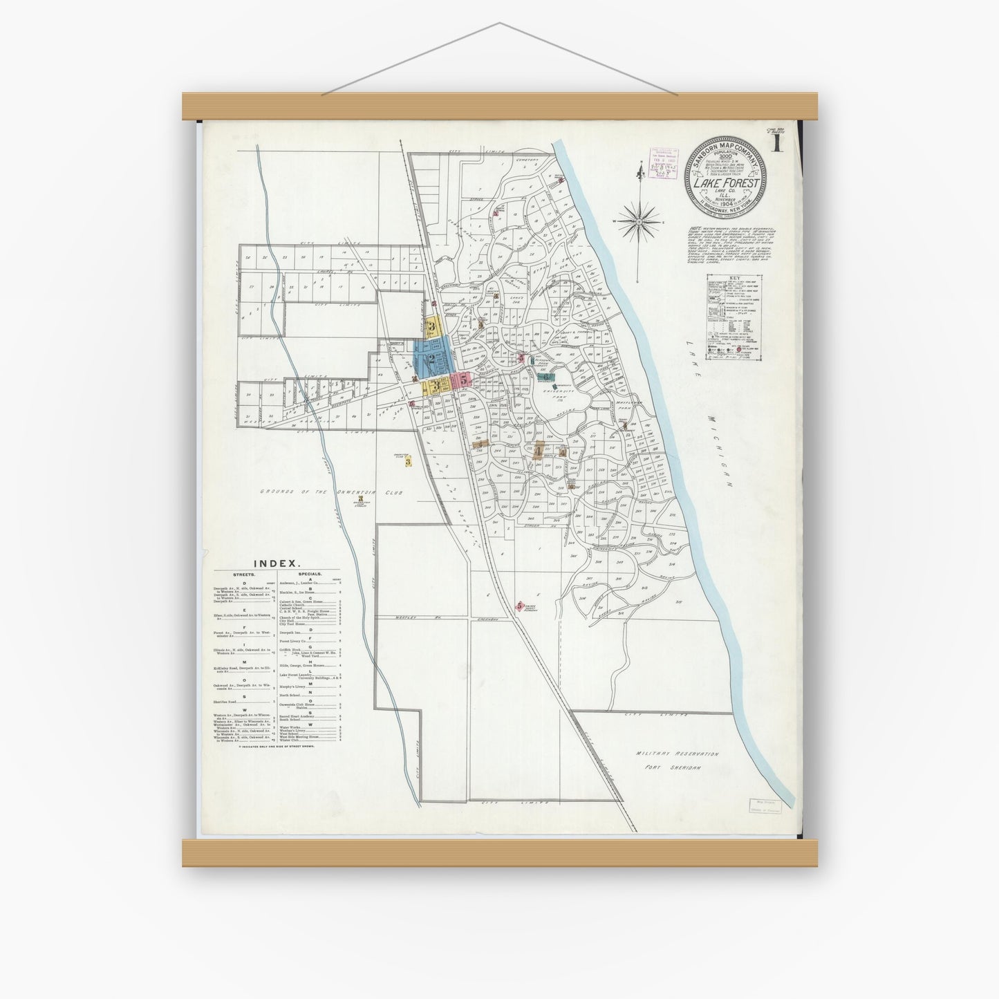 Old map wall art mockup — magnetic wood frame on white wall — Sanborn Fire Insurance Map from Lake Forest, Lake County, Illinois (1904) - Complete Map Set