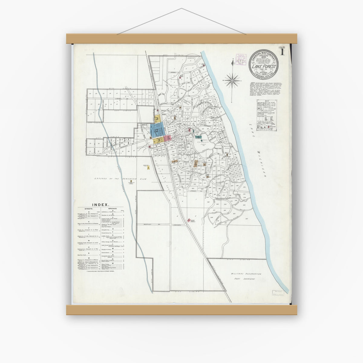 Old map wall art mockup — magnetic wood frame on white wall — Sanborn Fire Insurance Map from Lake Forest, Lake County, Illinois (1904) - Complete Map Set