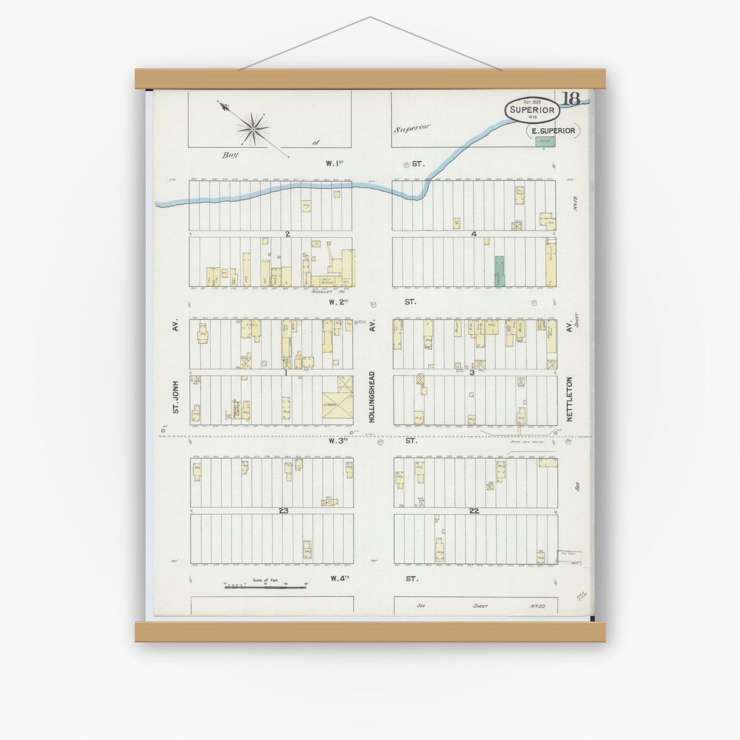 Old map wall art mockup — magnetic wood frame on white wall — Sanborn Fire Insurance Map from Superior, Douglas County, Wisconsin (1889), Sheet #0018