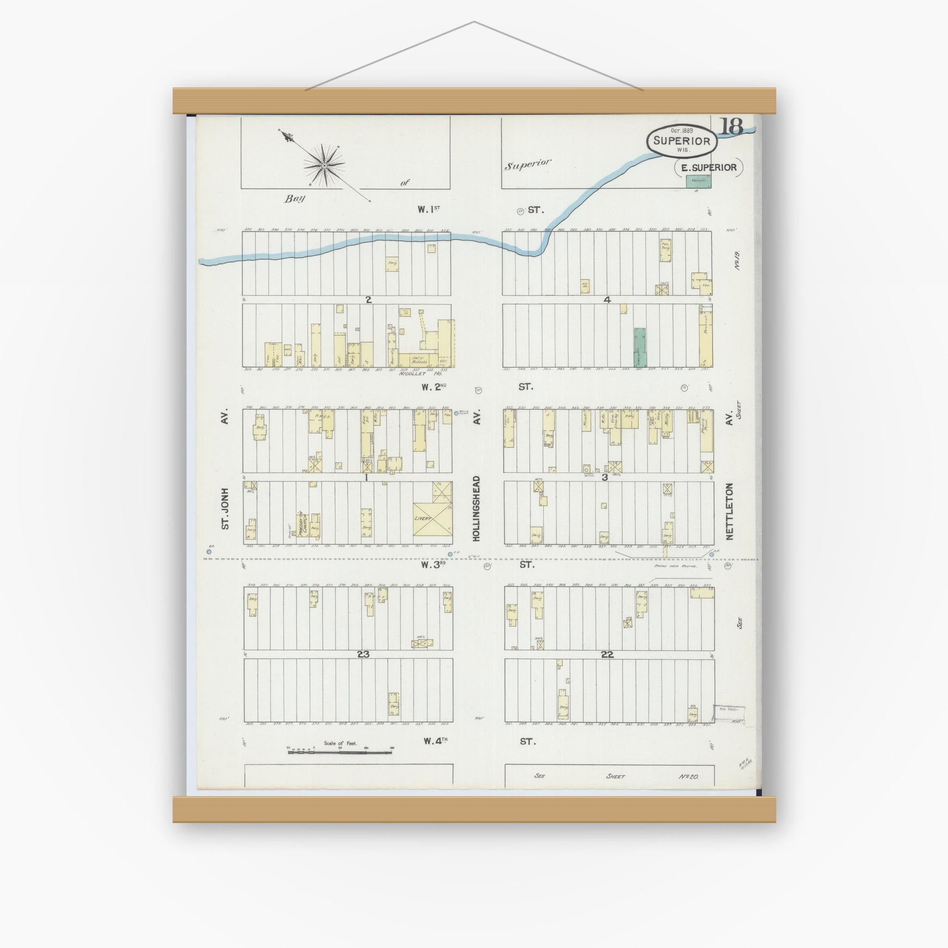 Old map wall art mockup — magnetic wood frame on white wall — Sanborn Fire Insurance Map from Superior, Douglas County, Wisconsin (1889), Sheet #0018