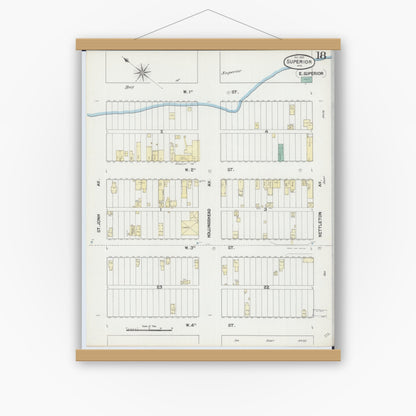 Old map wall art mockup — magnetic wood frame on white wall — Sanborn Fire Insurance Map from Superior, Douglas County, Wisconsin (1889), Sheet #0018