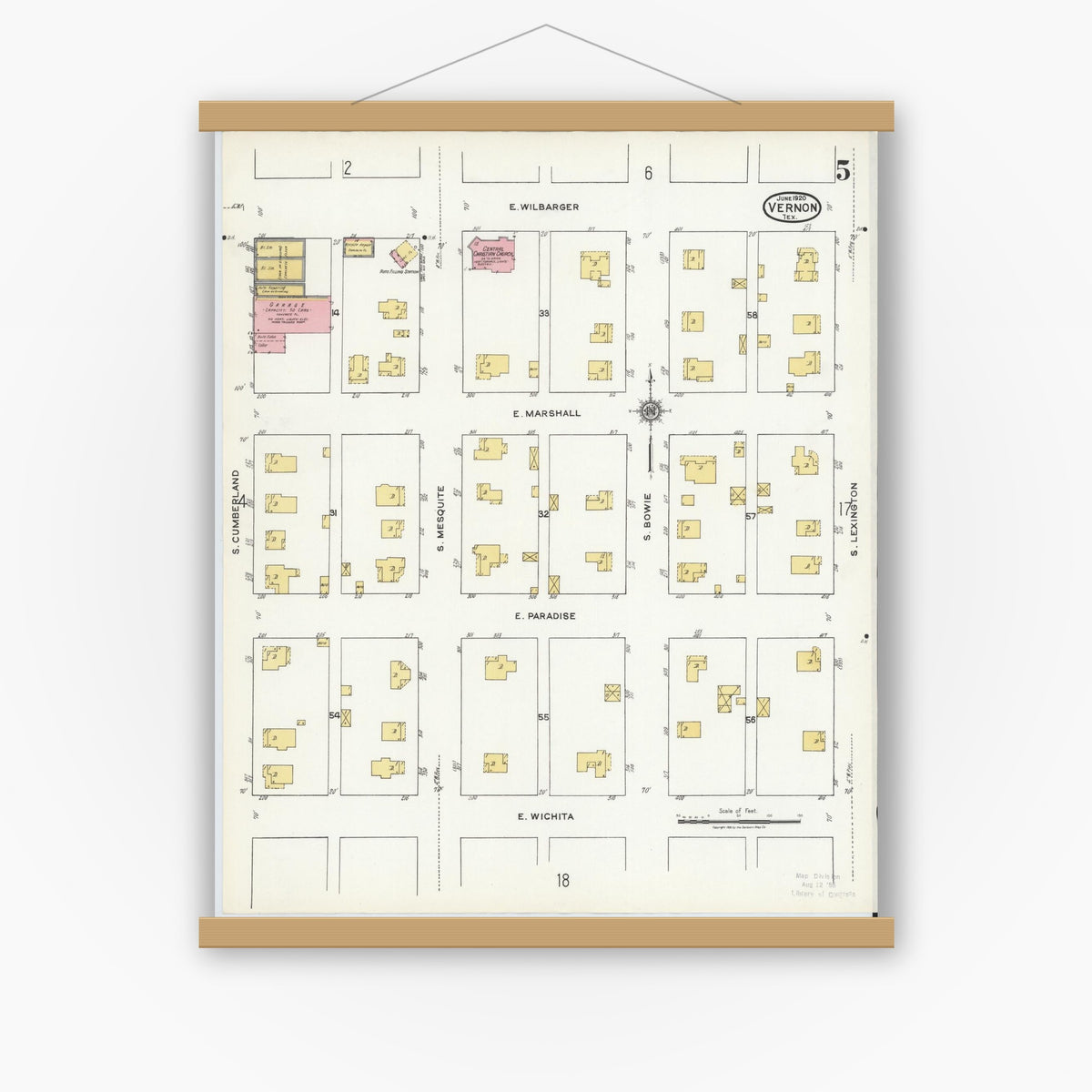 Old map wall art mockup — magnetic wood frame on white wall — Sanborn Fire Insurance Map from Vernon, Wilbarger County, Texas (1920), Sheet #0005